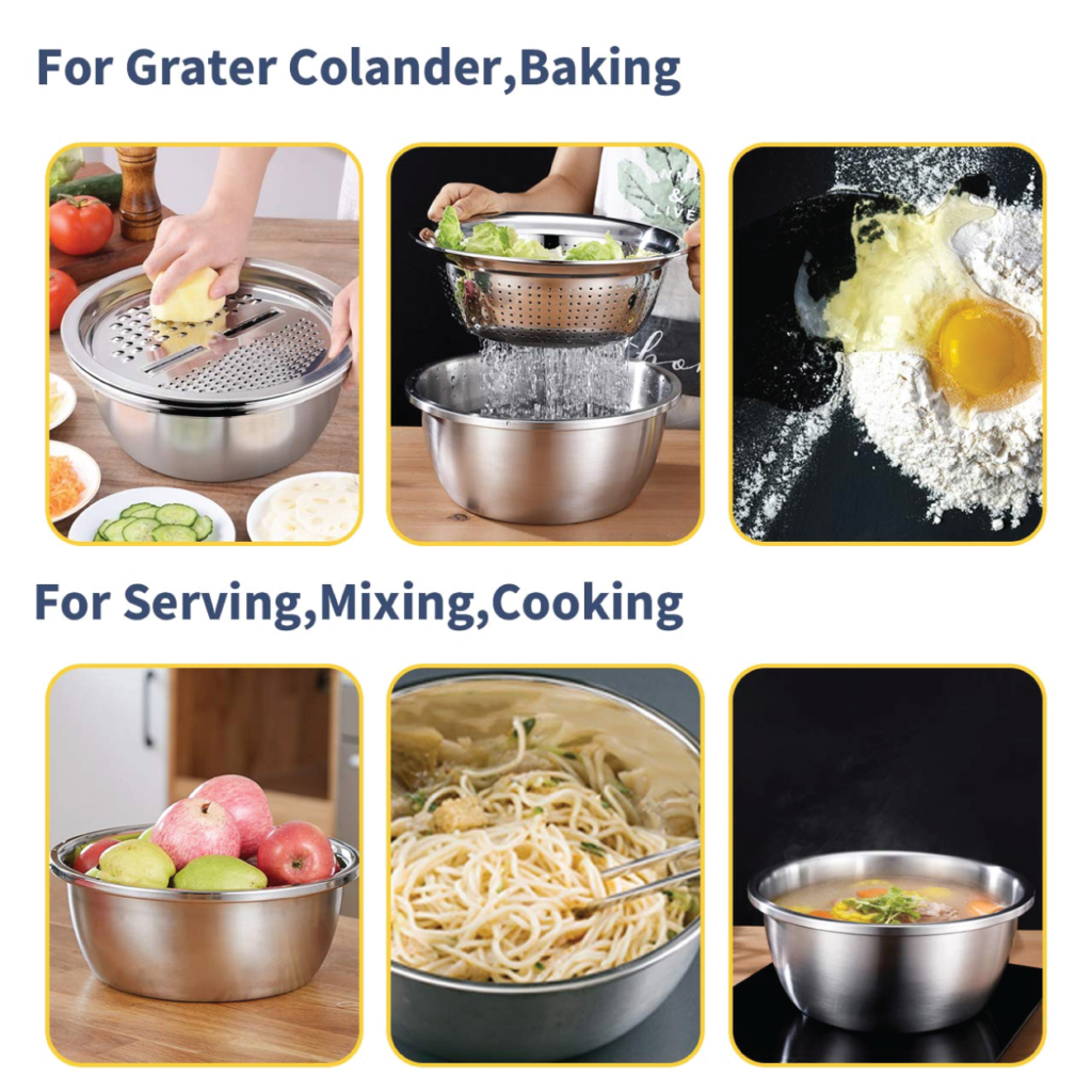 Stainless Steel Drain Basket Vegetable Cutter 3 in 1 Kitchen Multipurpose Julienne Grater Salad Bowl for Home
